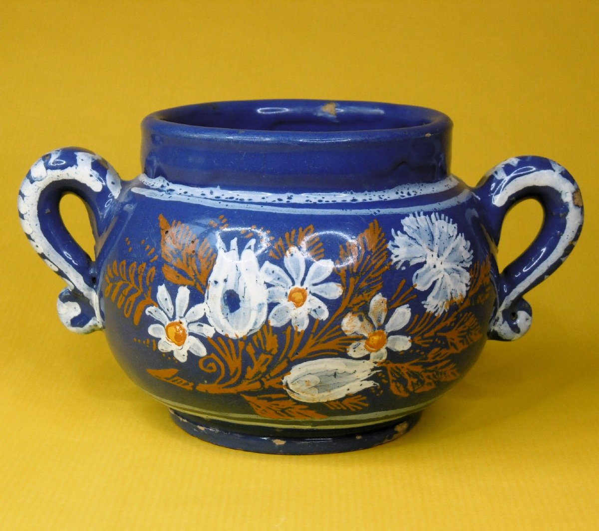 FAIENCE  DE NEVERS PETIT POT A FOND BLEU PERSAN XVIIéme SIECLE-photo-2