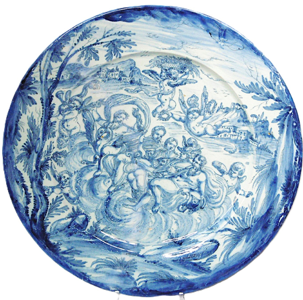 FAIENCE DE SAVONE GRAND PLAT(44,8cm) A DECOR MYTHOLOGIQUE D'EPOQUE XVIIème, belle marque.