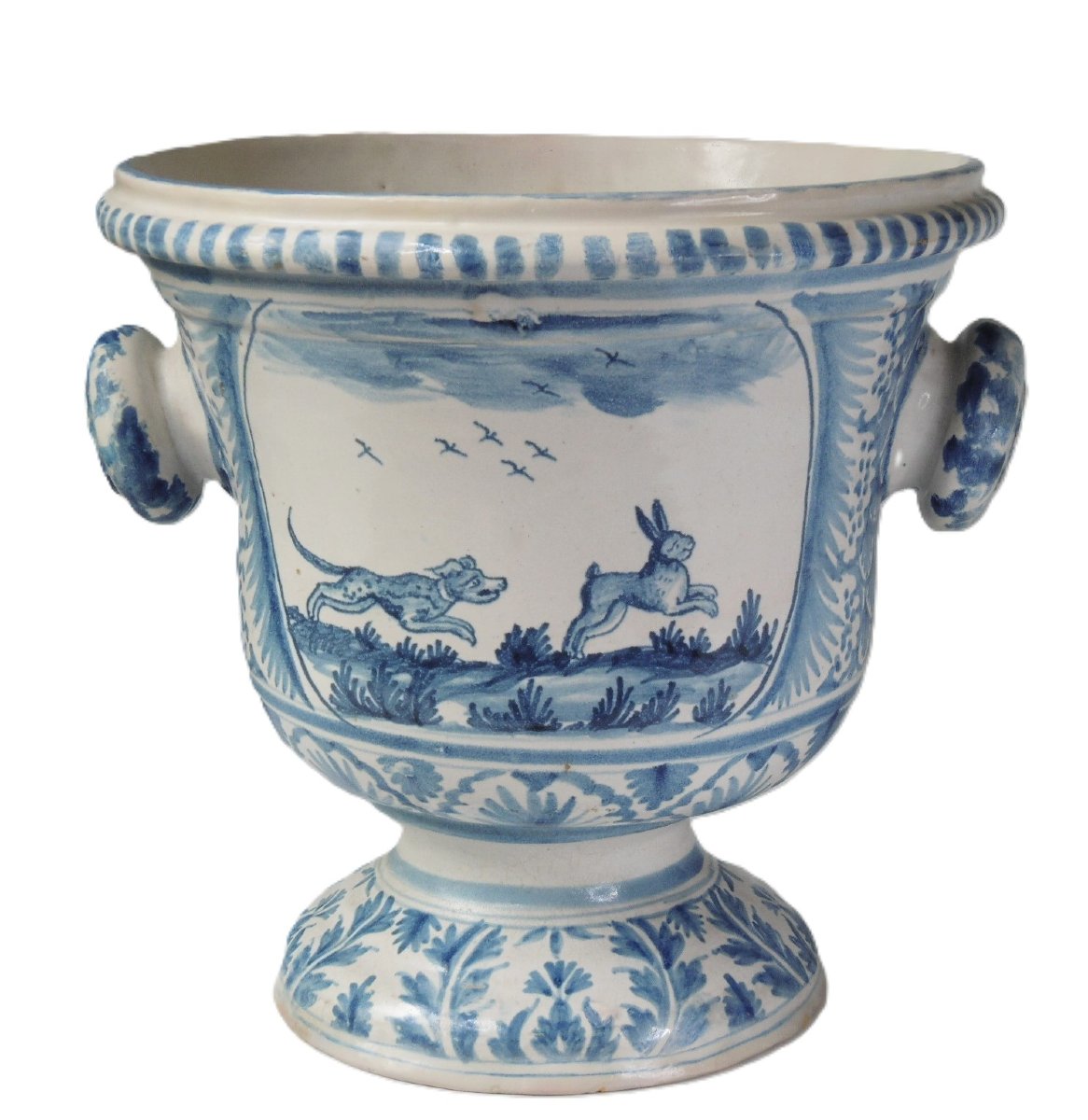 Dijon Faience Orange Vase Armorie Decor De Chasse Au Lievre d'Epoque XVIIIème Siecle-photo-2