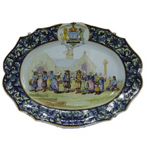 Quimper Earthenware Porquier Large (54cm) Platter With Dedication And Period Mark, 19th Century