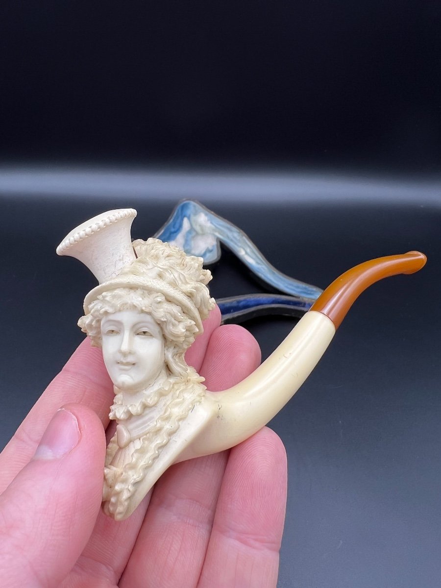 Meerschaum Pipe, With A Carved Woman's Head - 19th Century-photo-1