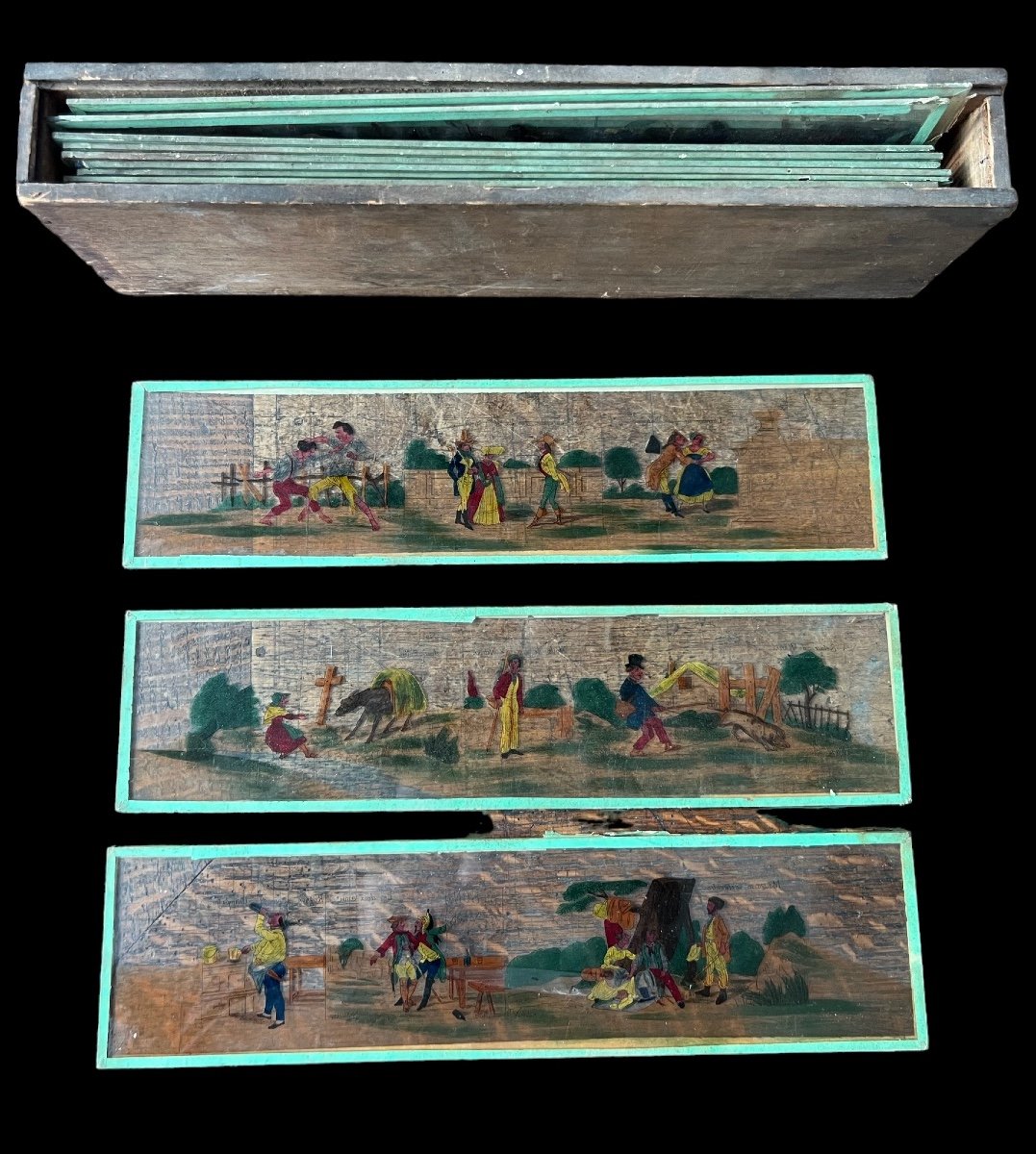 Set Of Fifteen Painted Glass Slides With The Story Of Don Quichot - French - 19th Century-photo-1