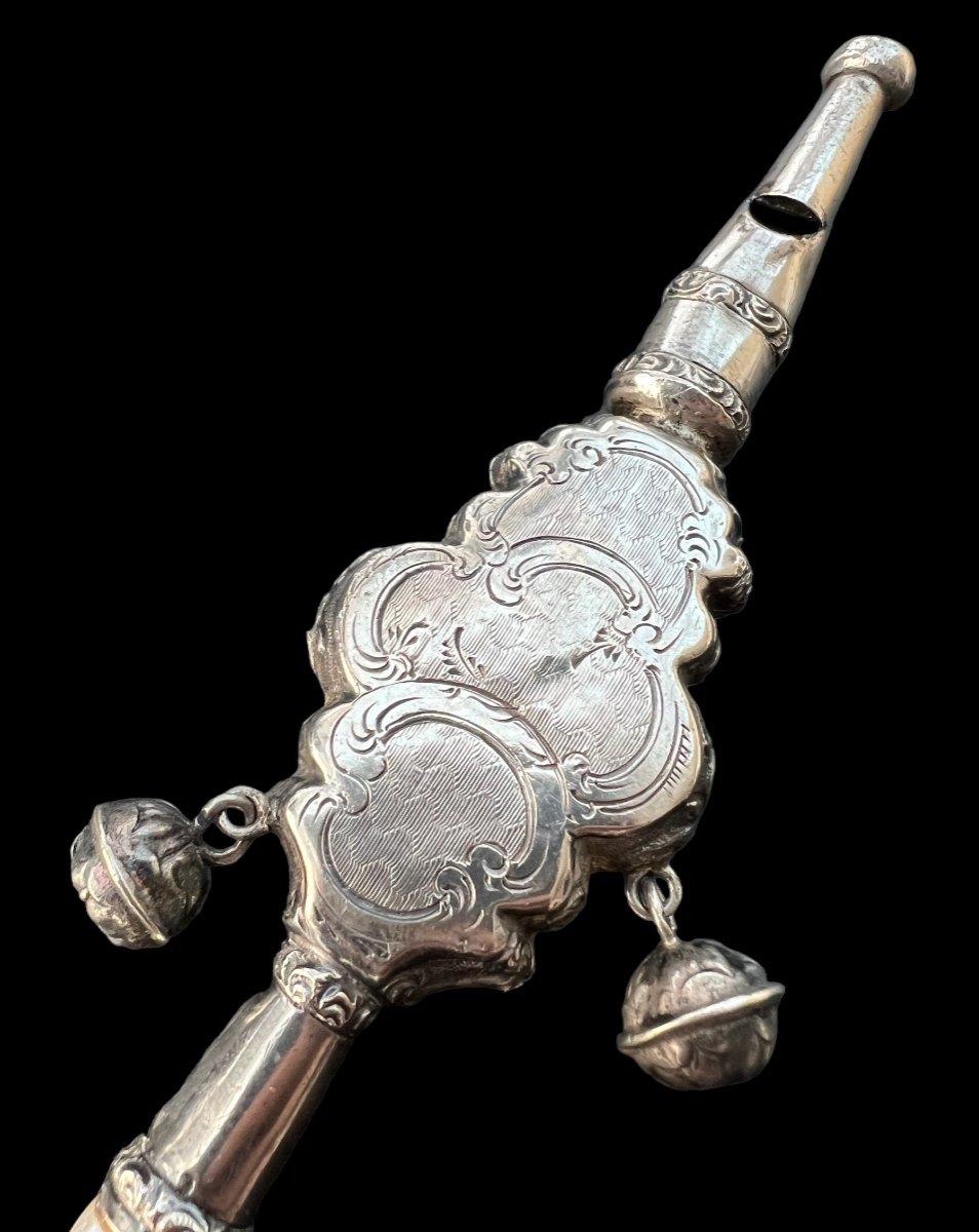 Baby Whistle Rattle In Sterling Silver & Mother-of-pearl Mancheo (napoleon III) - Early 19th Century-photo-1