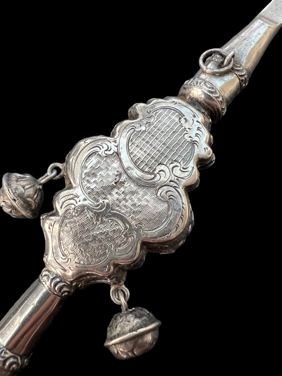 Baby Whistle Rattle In Sterling Silver & Mother-of-pearl Mancheo (napoleon III) - Early 19th Century-photo-3