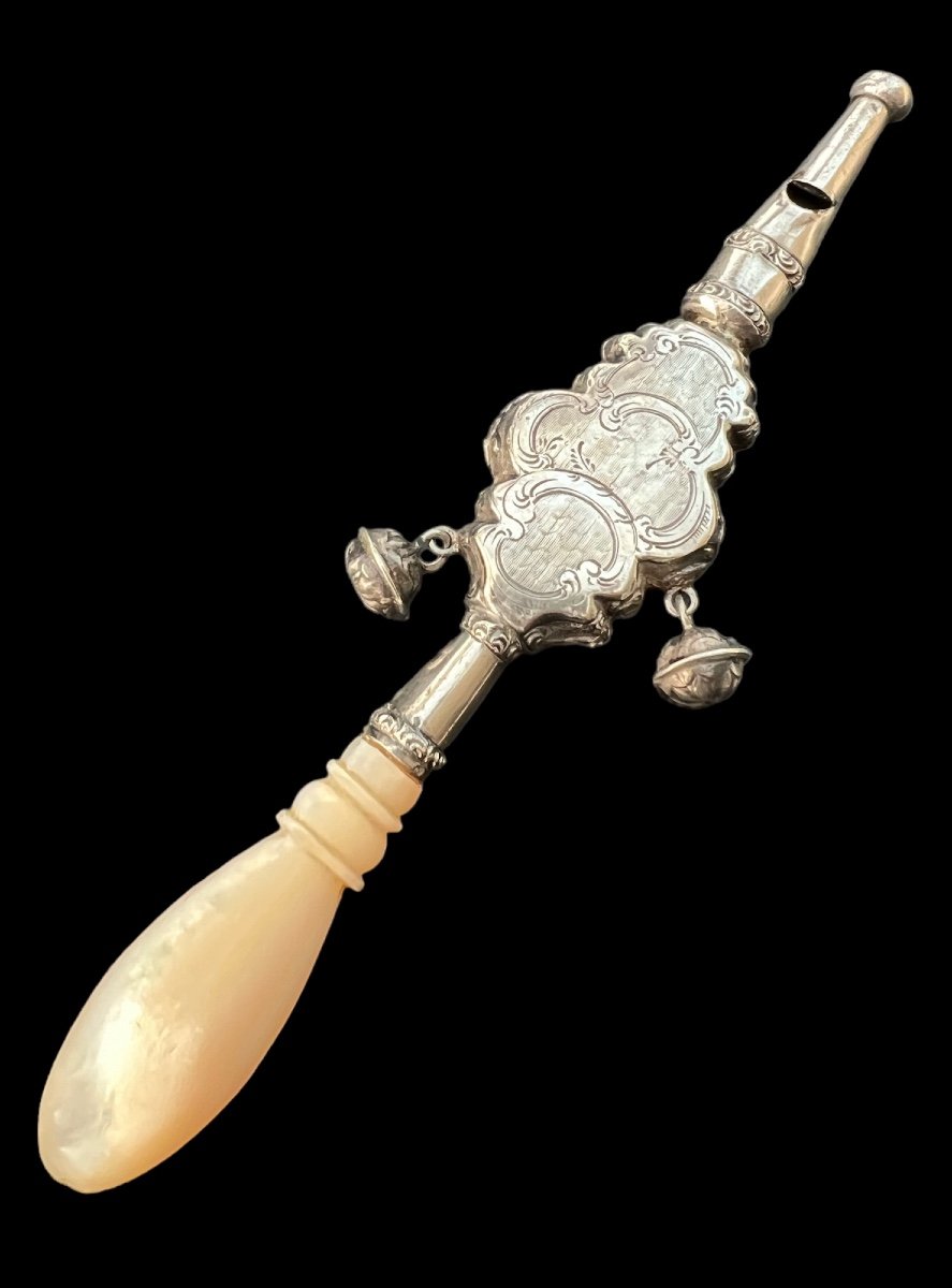 Baby Whistle Rattle In Sterling Silver & Mother-of-pearl Mancheo (napoleon III) - Early 19th Century