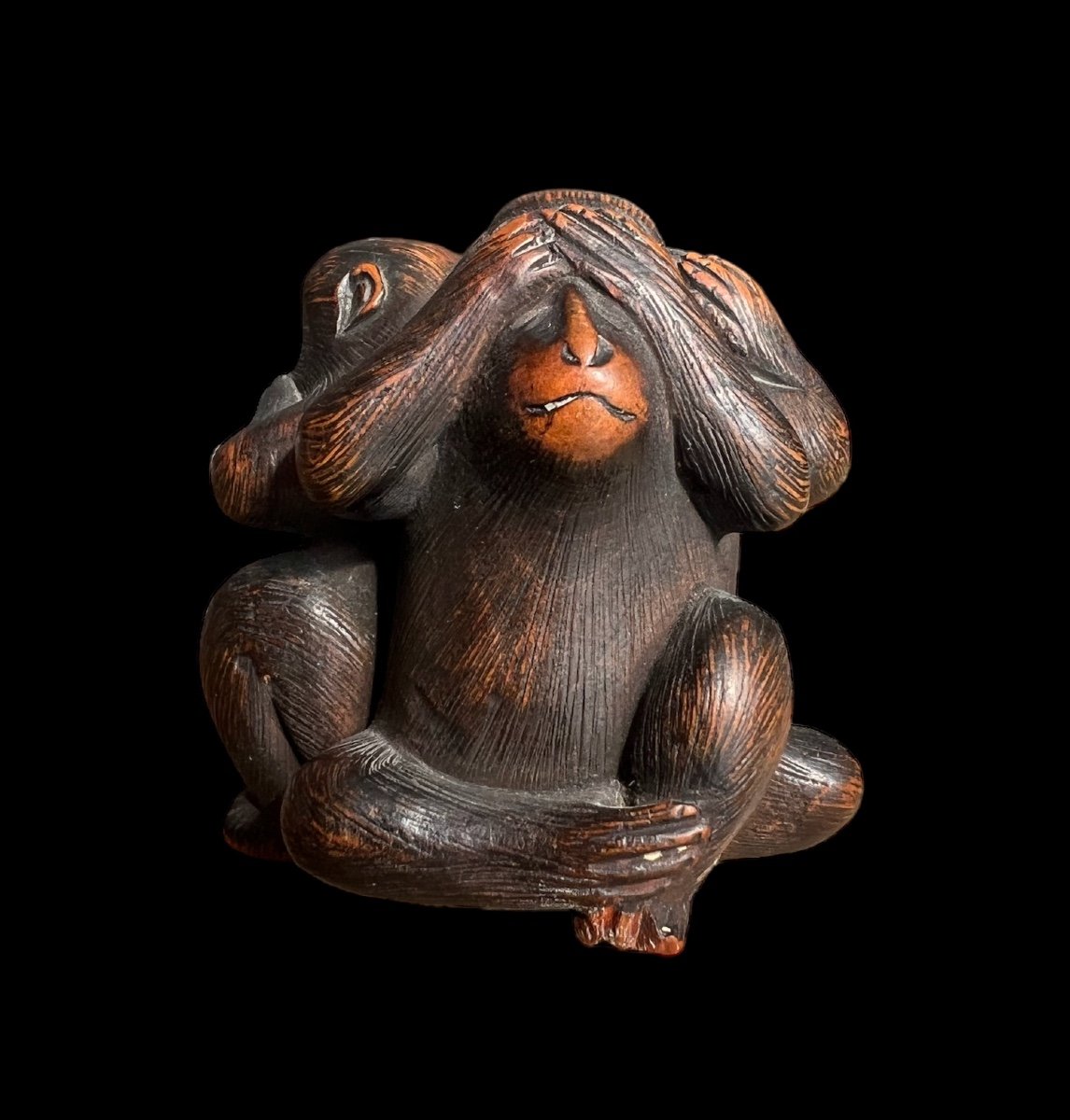 Très Bel Okimono En Buis Sculpté 'the Three Wise Monkeys' - Japon - Période Meji-photo-1