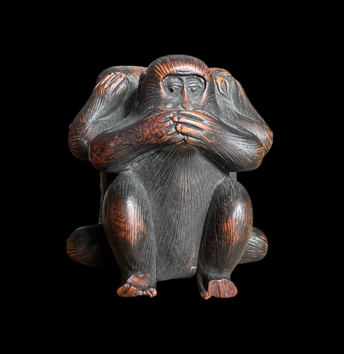 Très Bel Okimono En Buis Sculpté 'the Three Wise Monkeys' - Japon - Période Meji-photo-2
