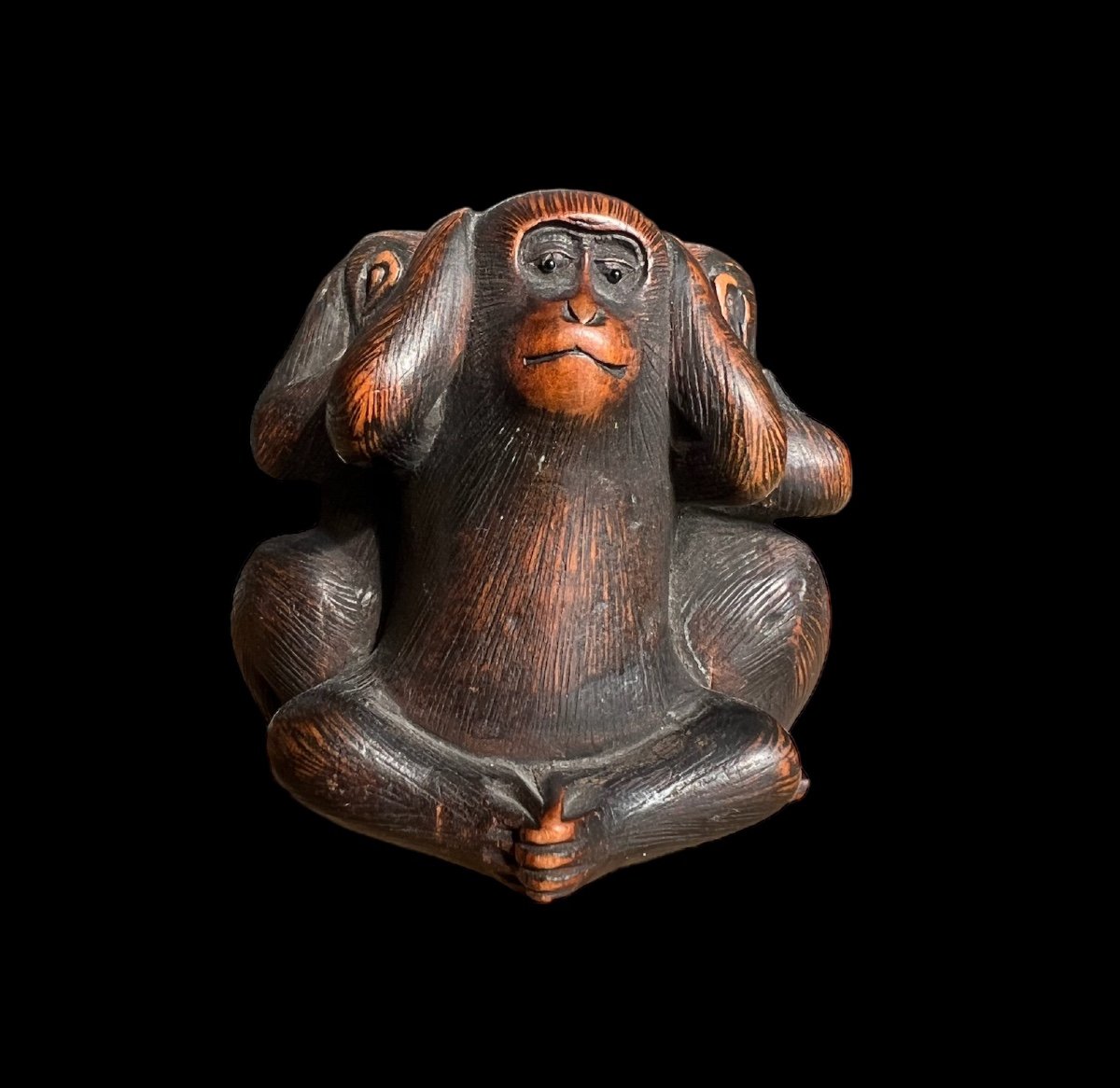 Très Bel Okimono En Buis Sculpté 'the Three Wise Monkeys' - Japon - Période Meji