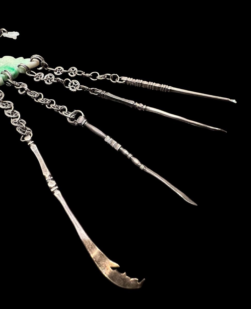 Large Silver And Jade Opium Chatelaine - Chinese - 19th Century-photo-4