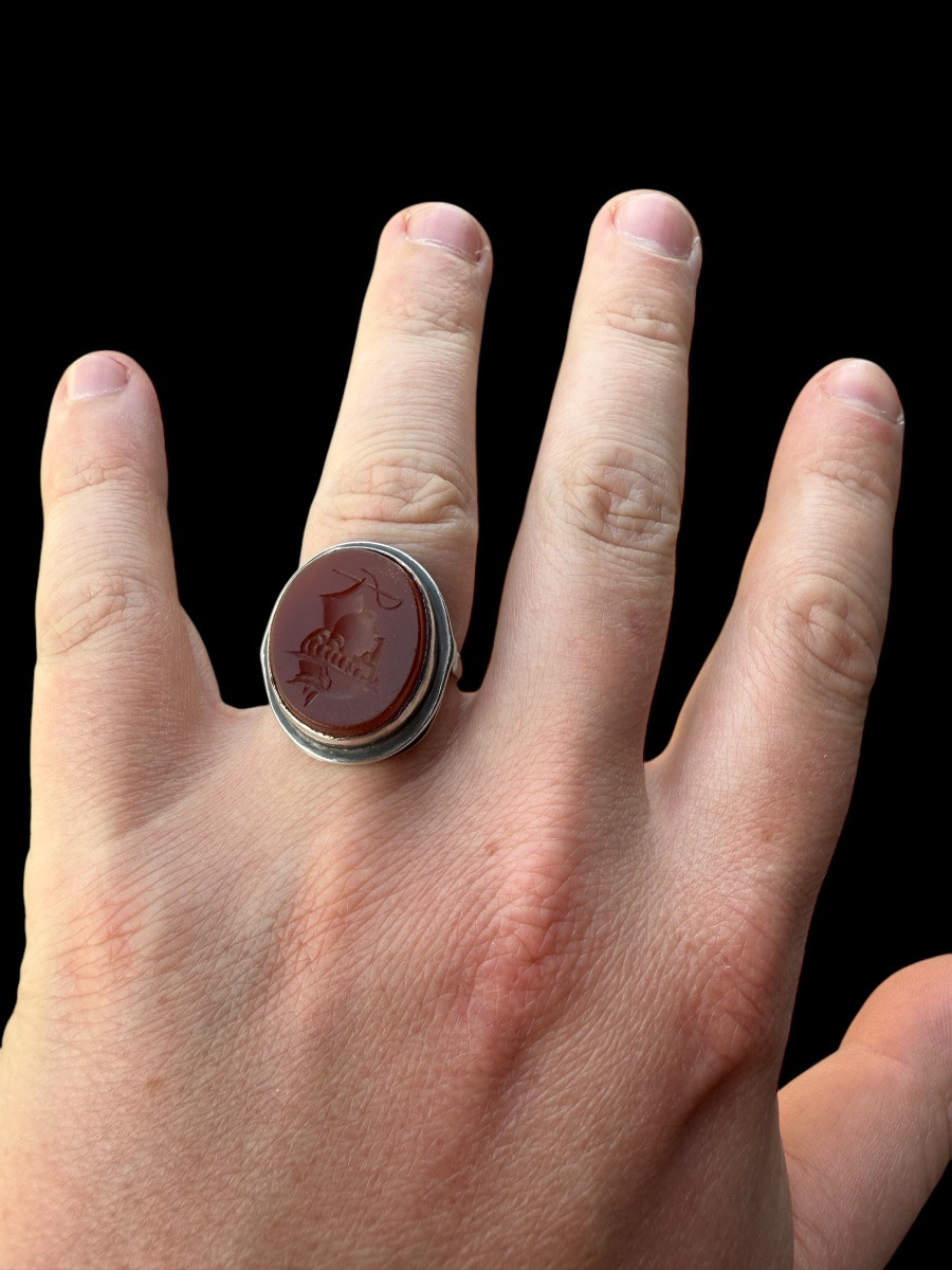 Bague ‘intaglio’ En Style Roman Et En Argent Massif - Période Du Grand Tour - 19e Siècle-photo-4