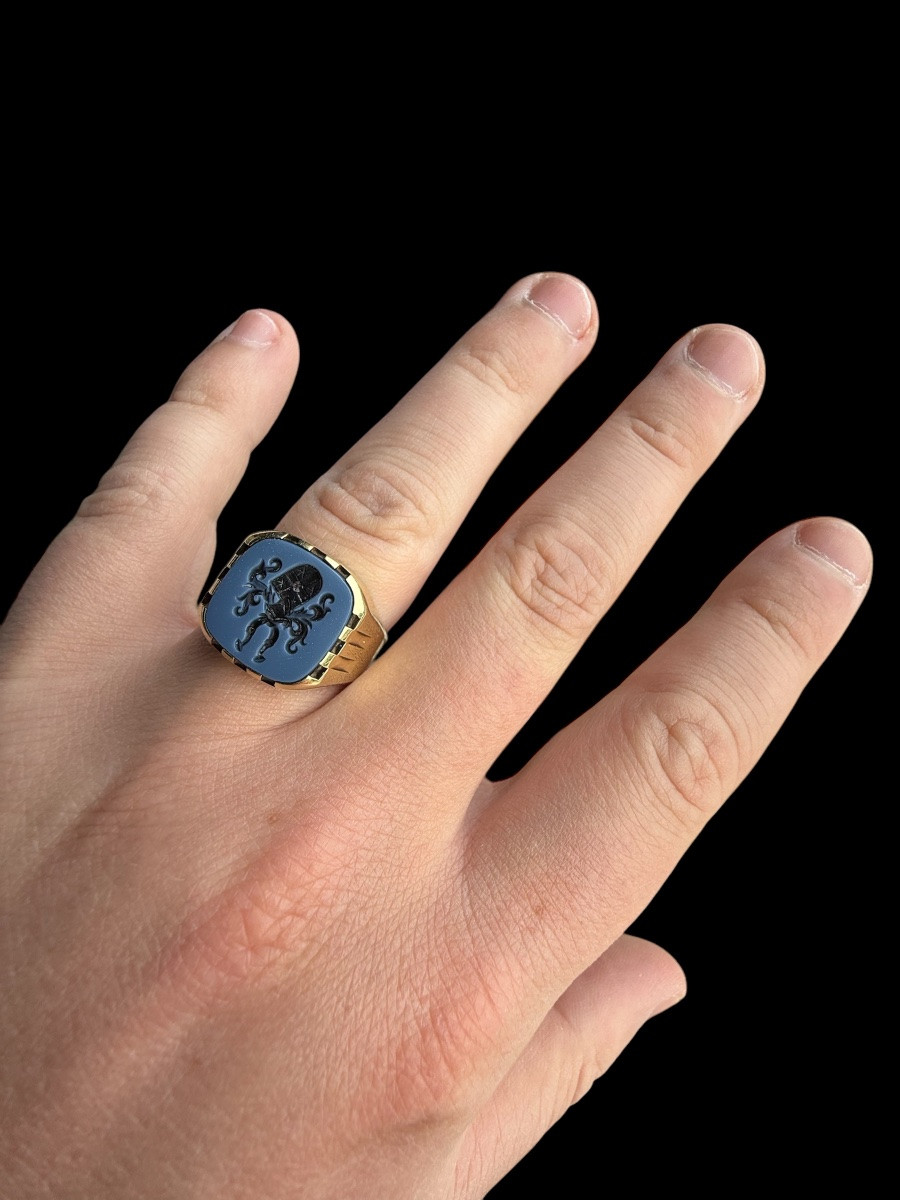 Grande Chevalière/bague Sceau Armoiriée En Or 14kt Et Pierre - Européen - Fin Du 19e Siècle-photo-4