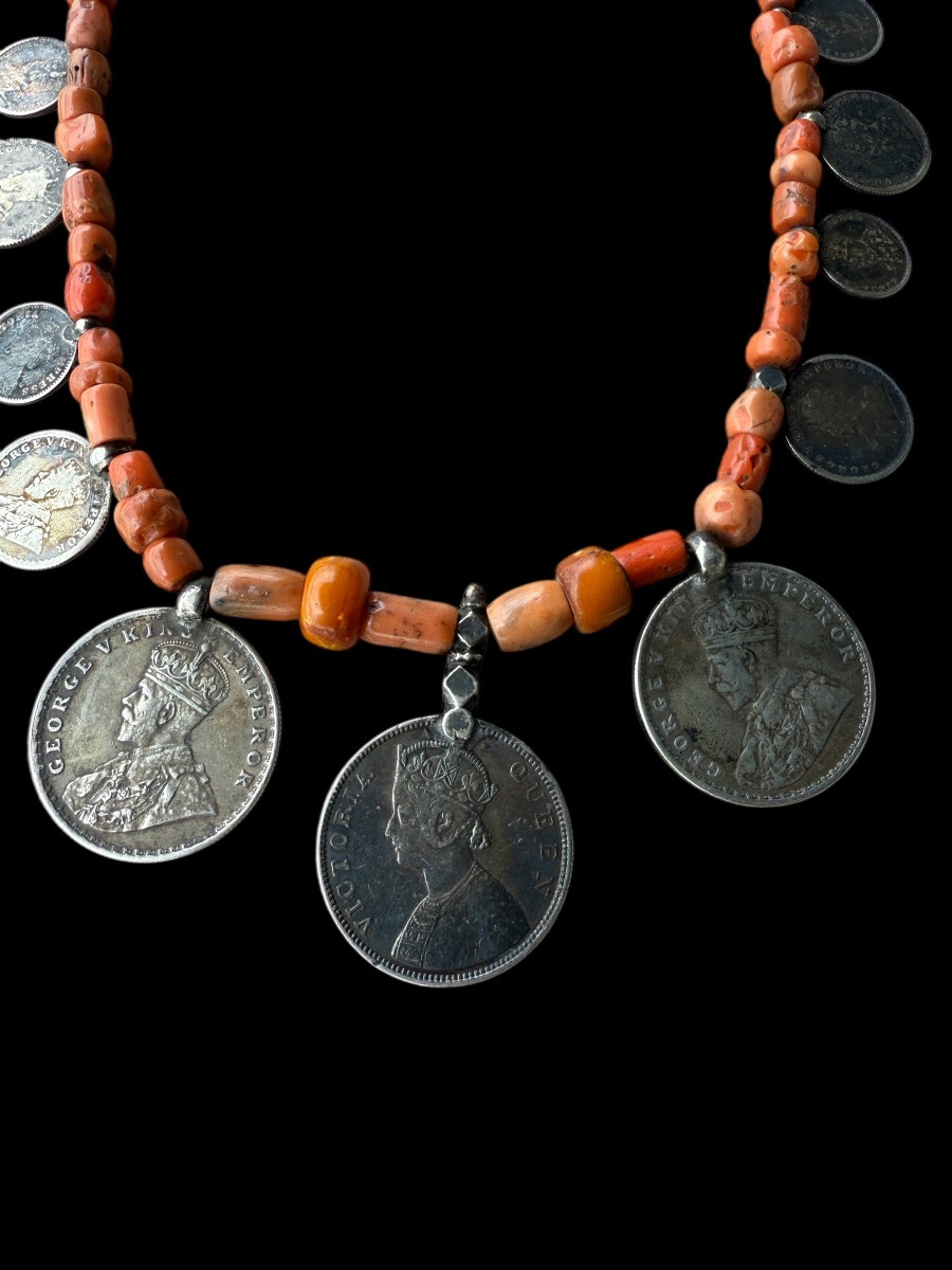 Collier en corail rouge, ambre et pièces en argent - Inde - 19e siècle-photo-1