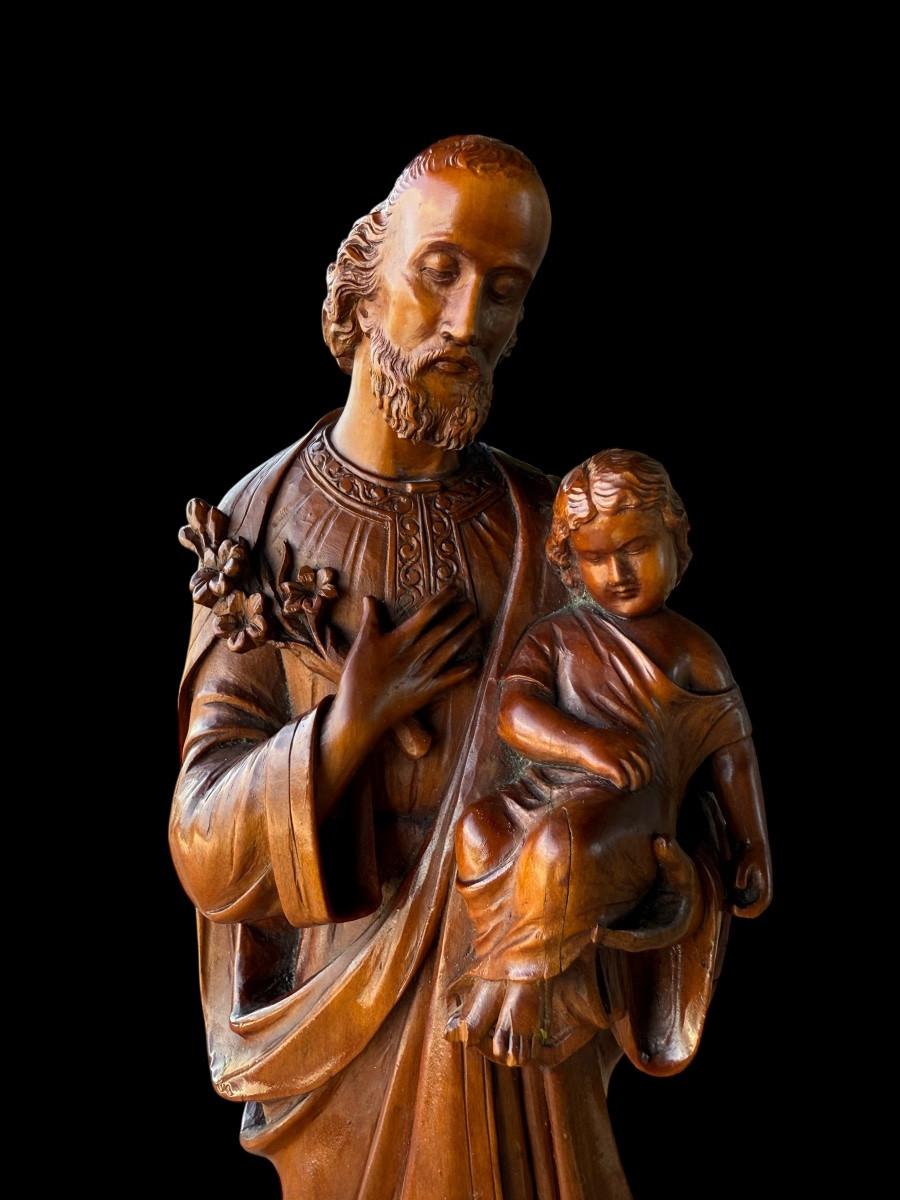 Wooden Figure Of Saint Joseph With Child, Fruitwood – Germany – Late 18th Century-photo-1