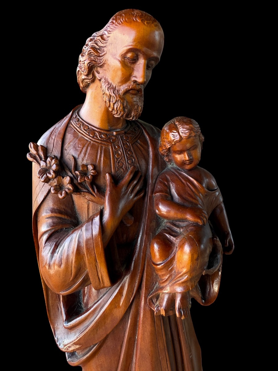 Wooden Figure Of Saint Joseph With Child, Fruitwood – Germany – Late 18th Century-photo-2