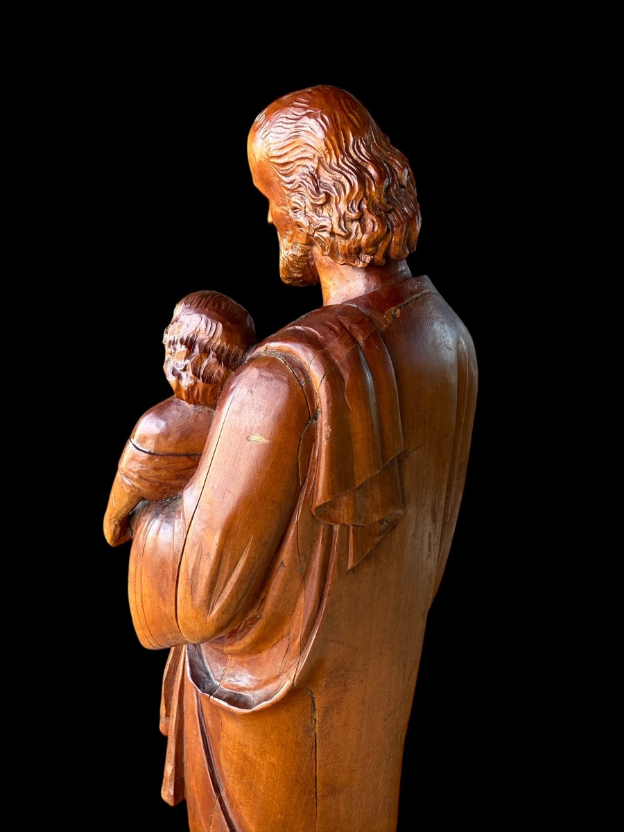 Wooden Figure Of Saint Joseph With Child, Fruitwood – Germany – Late 18th Century-photo-3