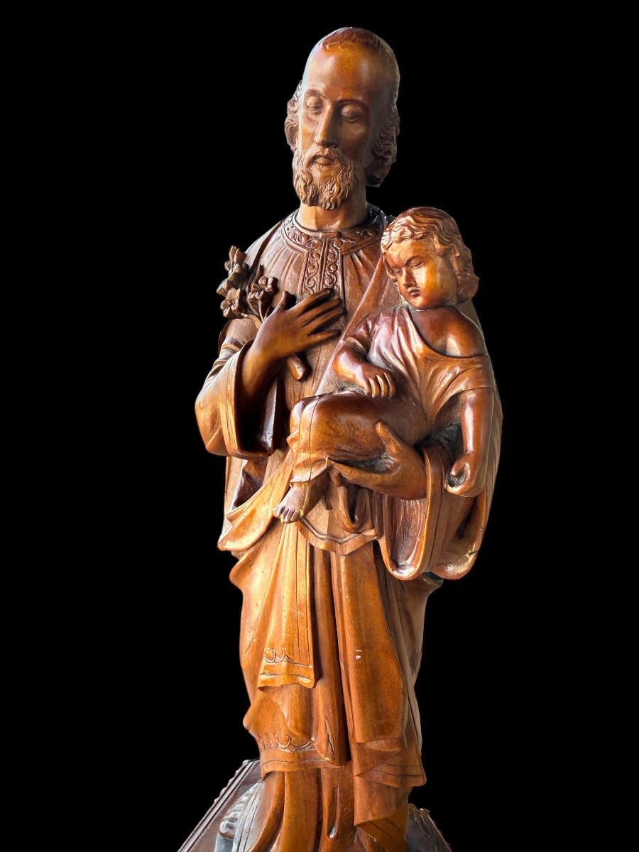 Wooden Figure Of Saint Joseph With Child, Fruitwood – Germany – Late 18th Century-photo-4