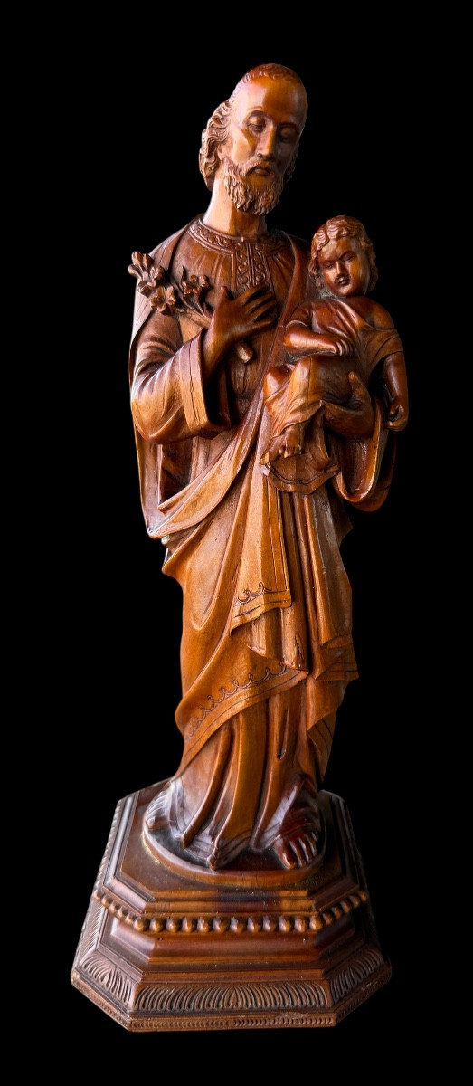 Wooden Figure Of Saint Joseph With Child, Fruitwood – Germany – Late 18th Century