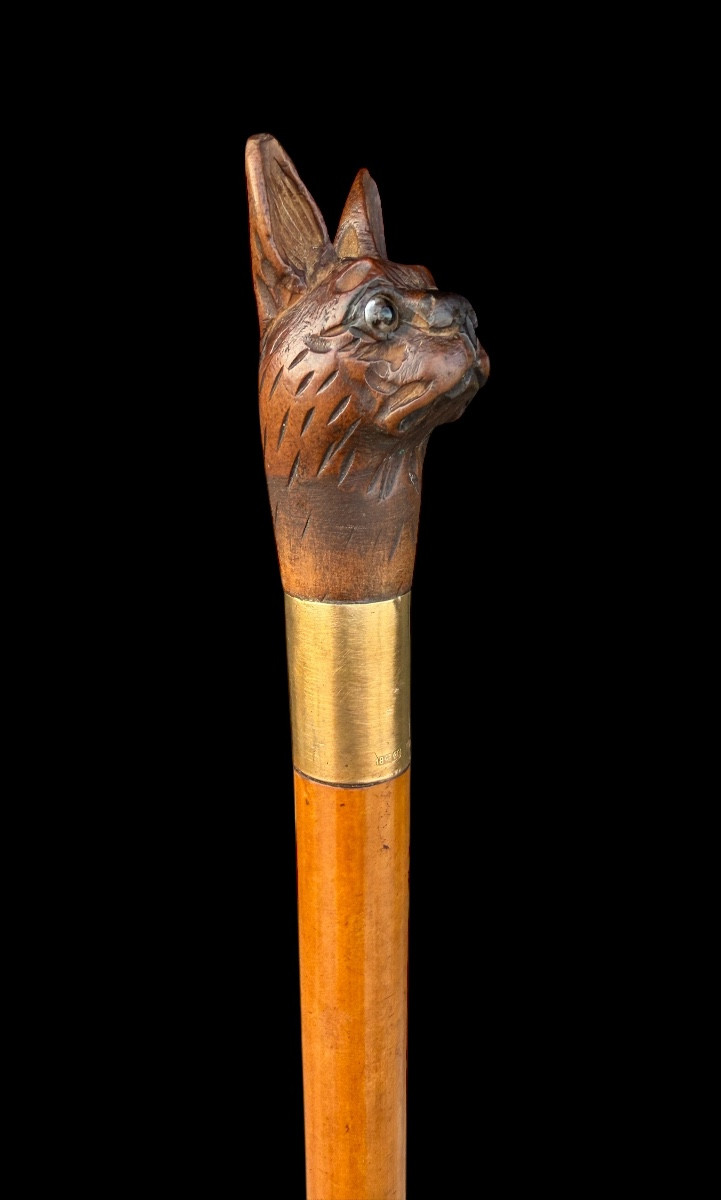 Wooden Cane With Gilded Metal And Carved Dog's Head – Folk Art – Early 20th Century