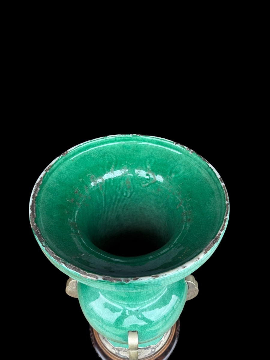 Grand vase chinois vert en faïence avec monture en argent périod Qing - Chine - 18e siècle-photo-2