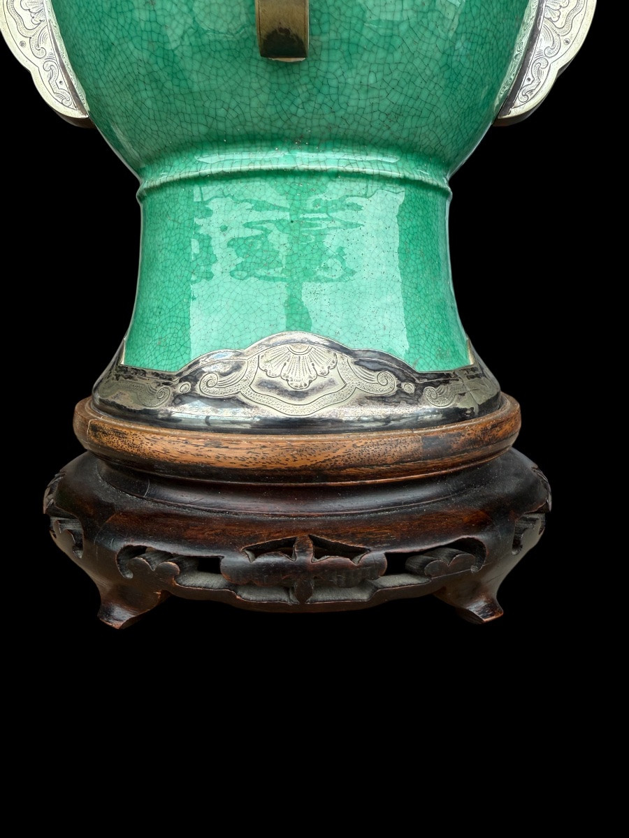 Grand vase chinois vert en faïence avec monture en argent périod Qing - Chine - 18e siècle-photo-3