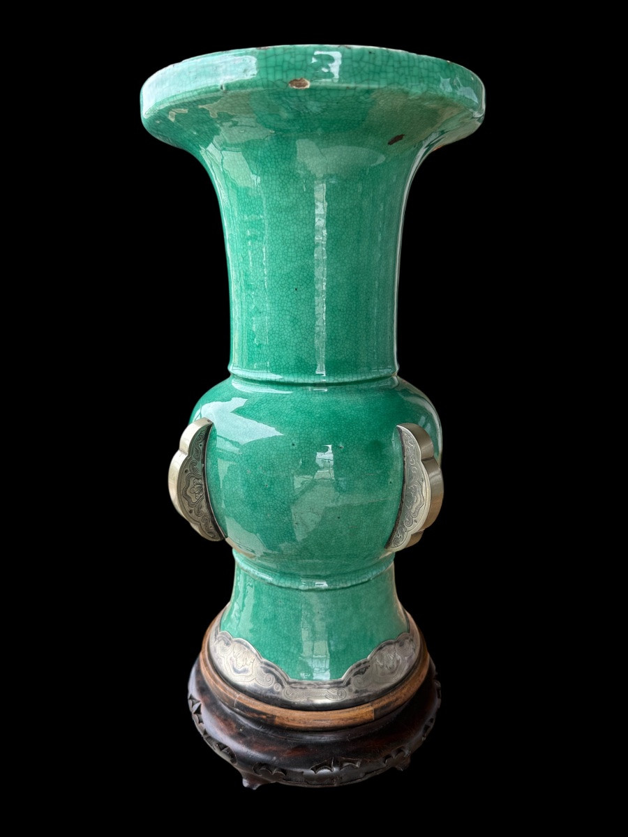 Grand vase chinois vert en faïence avec monture en argent périod Qing - Chine - 18e siècle-photo-5