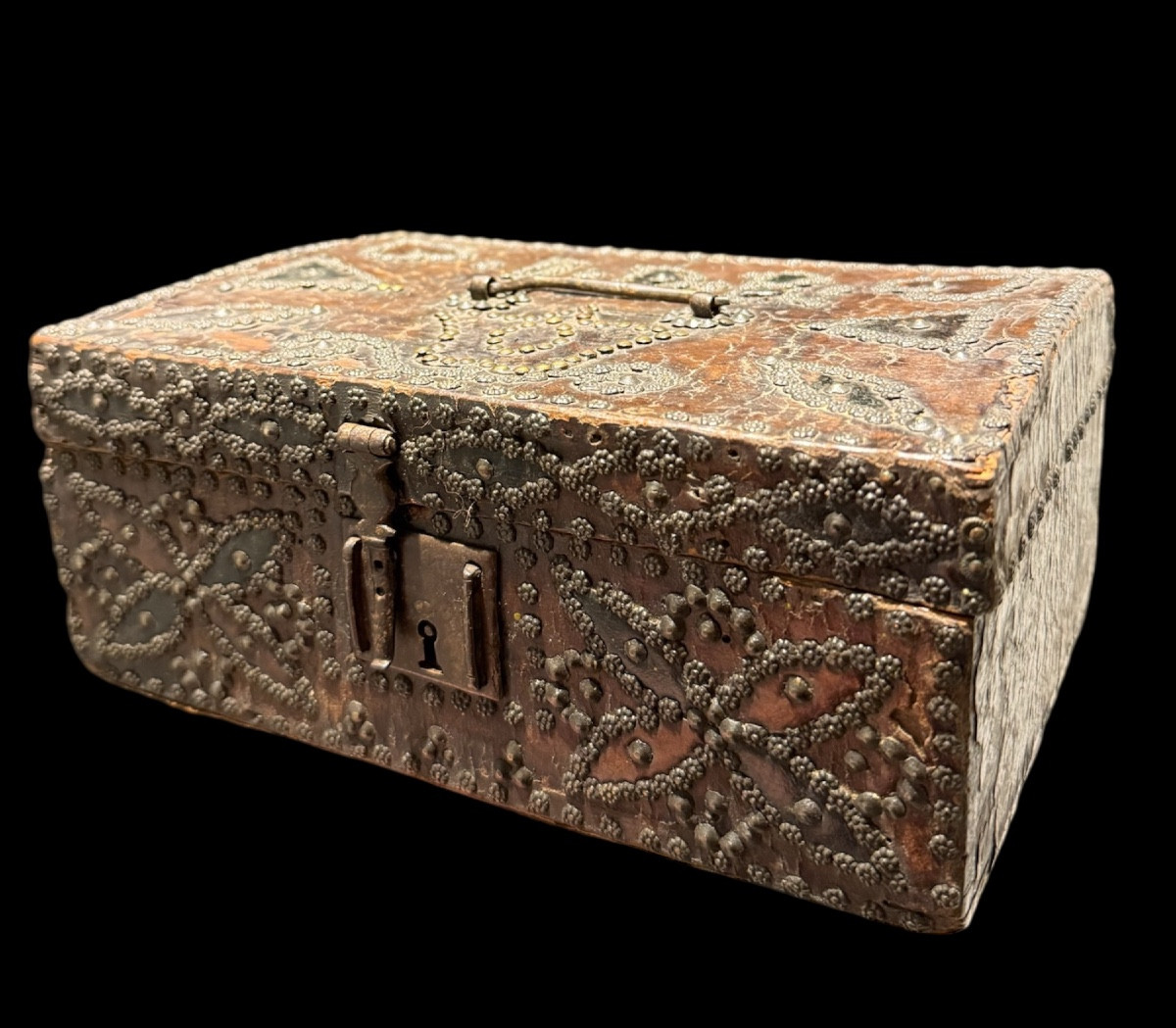 Richly Decorated Wooden And Leather Casket/box - France - 17th Century