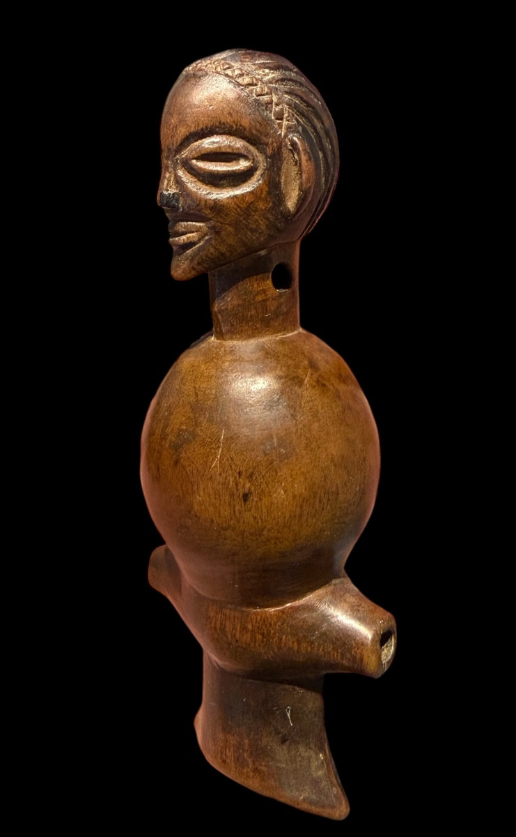 African Chokwe Whistle Made Of Wood With A Carved Head - Congo/angola - Early 20th Century