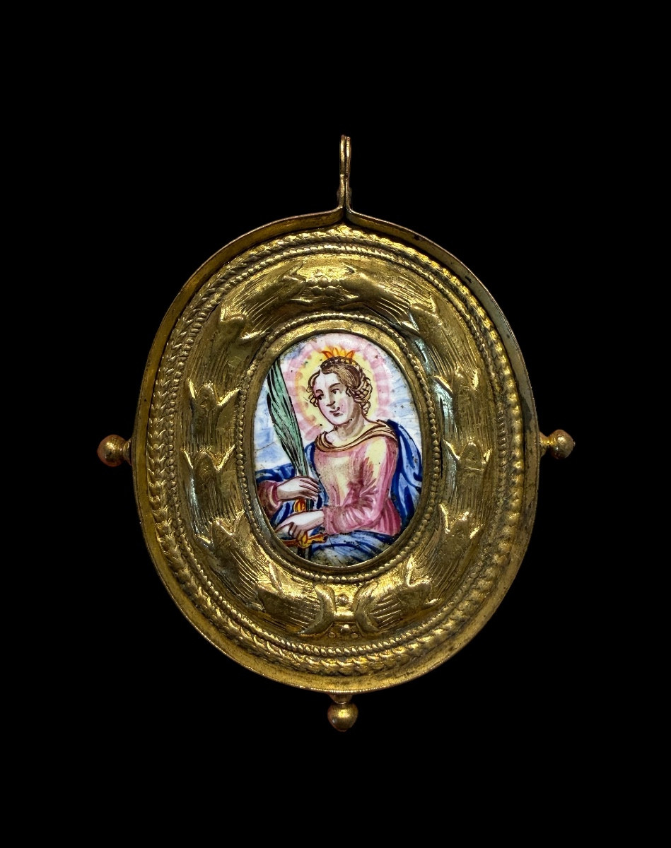 Pendentif/Médaillon dévotionnel/religieux en cuivre doré et émail - Allemagne - 18e siecle