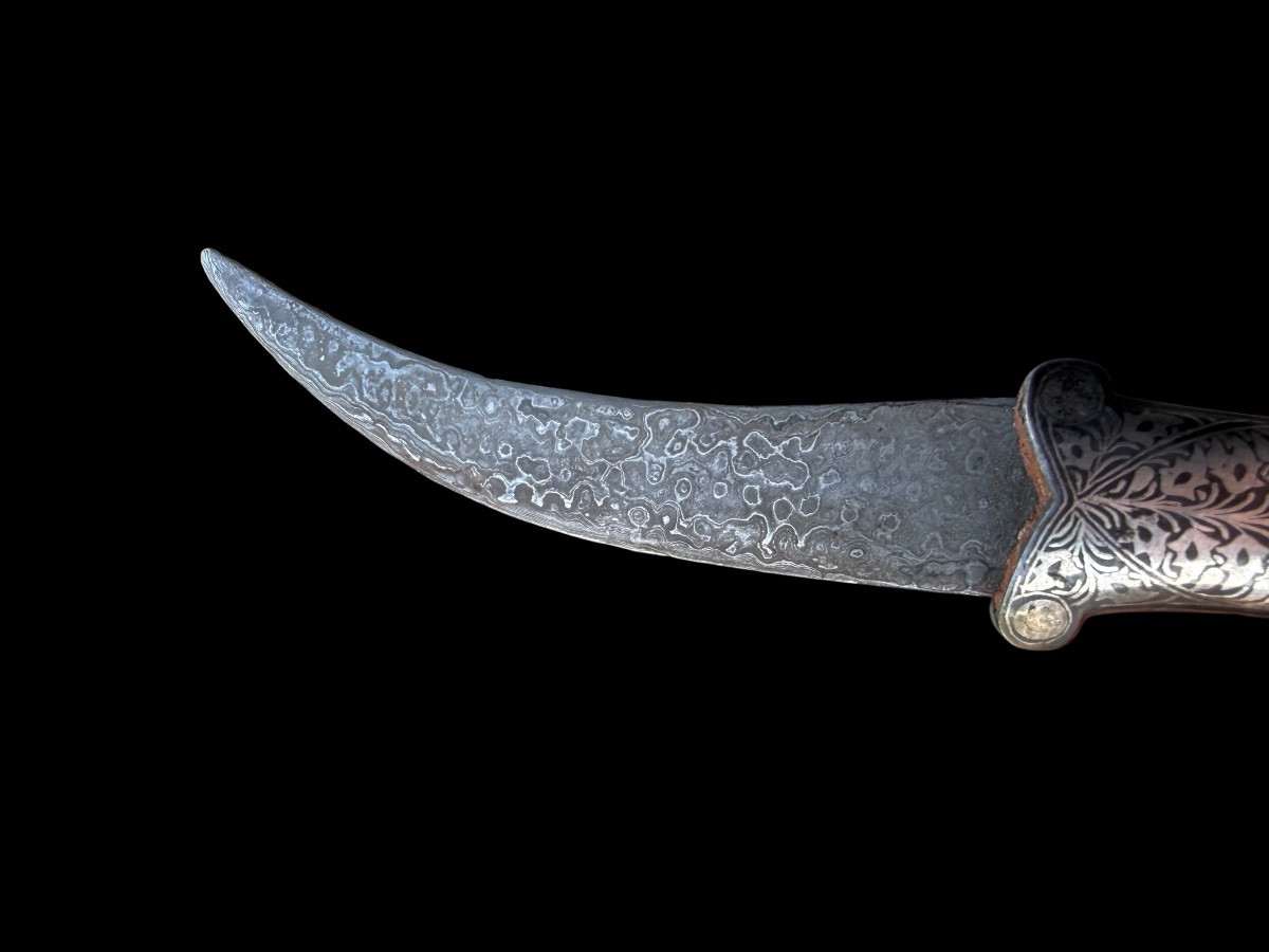 Damascus Steel And Silver Inlaid Indo-persian Dagger/knife - India - Early 20th Century-photo-4