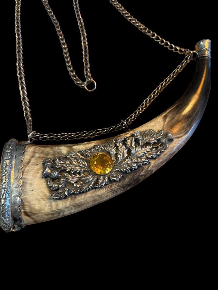Horn With Tobacco Tin/tabatière With Sterling Silver And Citrine - Scotland - 19th Century-photo-1