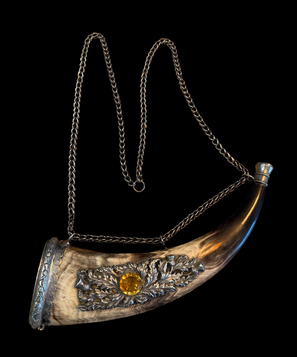 Horn With Tobacco Tin/tabatière With Sterling Silver And Citrine - Scotland - 19th Century