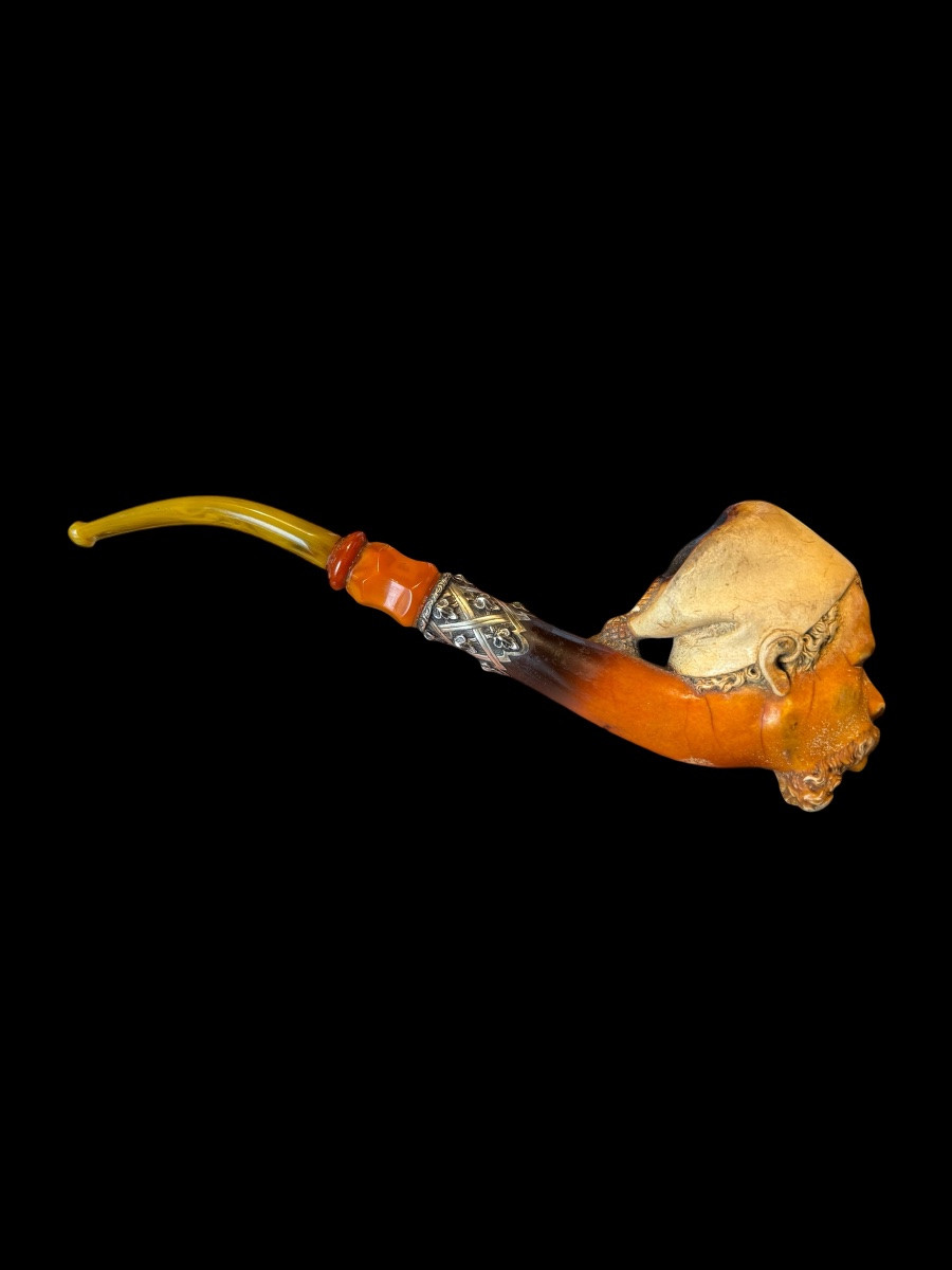 Pipe en écume de mer et ambre avec une tête sculptée  - Européen - fin du 19e siècle-photo-1