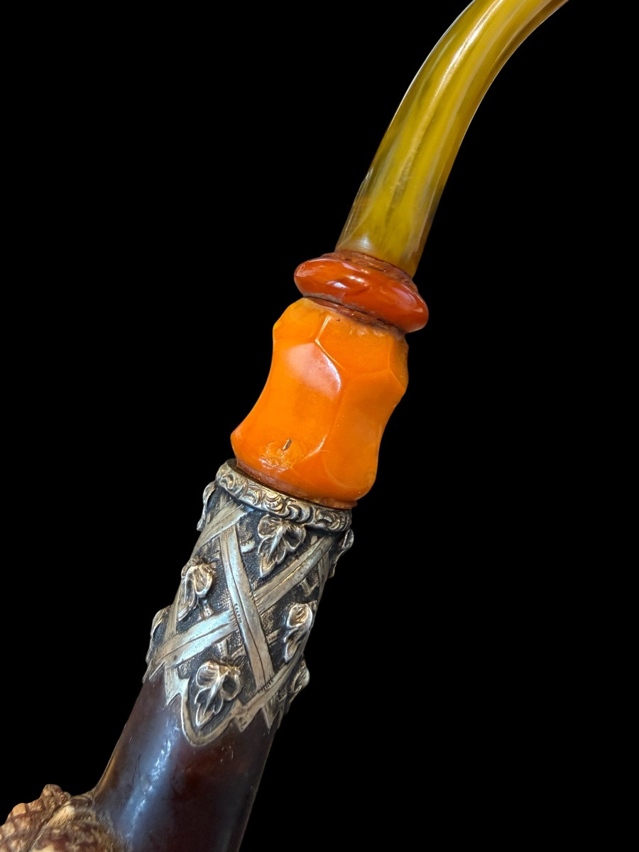 Pipe en écume de mer et ambre avec une tête sculptée  - Européen - fin du 19e siècle-photo-3