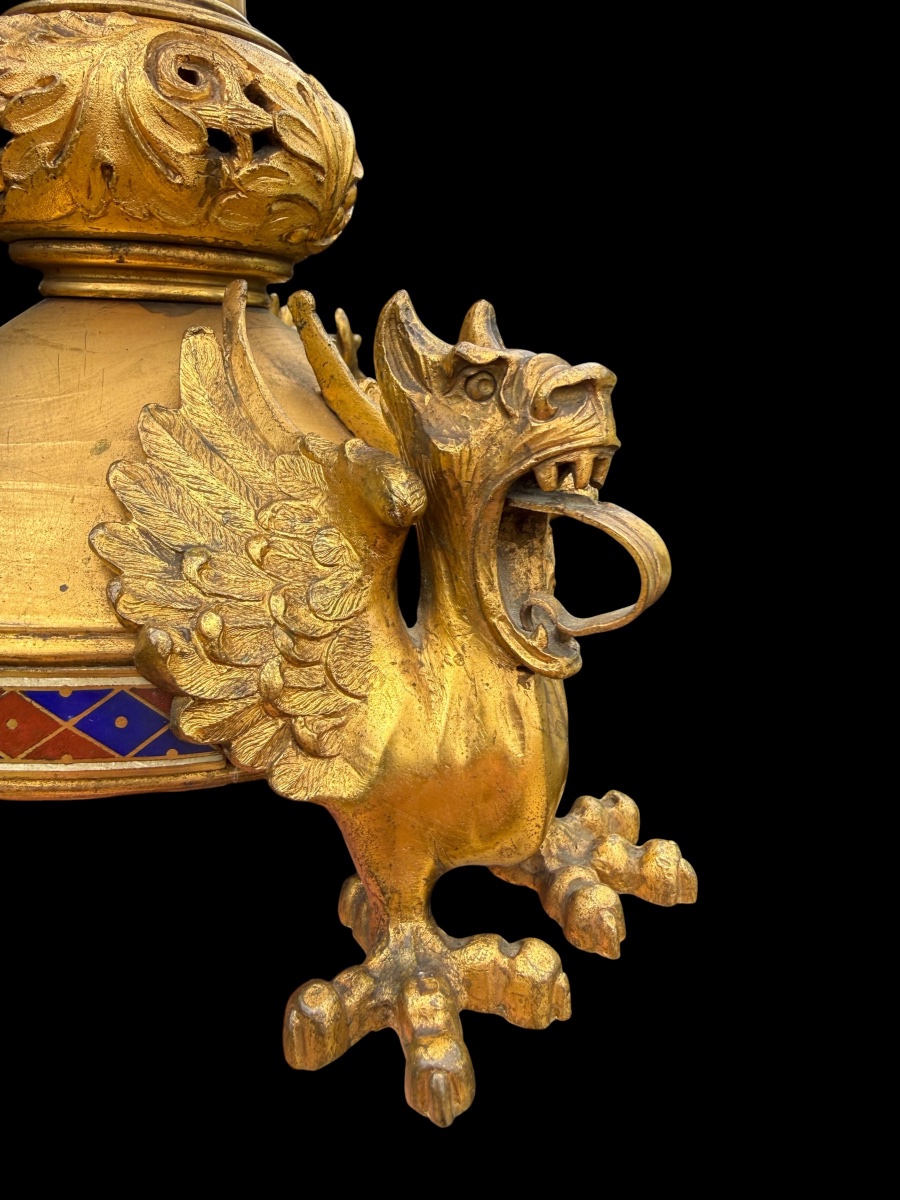Bougeoir néogothique aux dragons en bronze doré et émail – XIXe siècle-photo-2