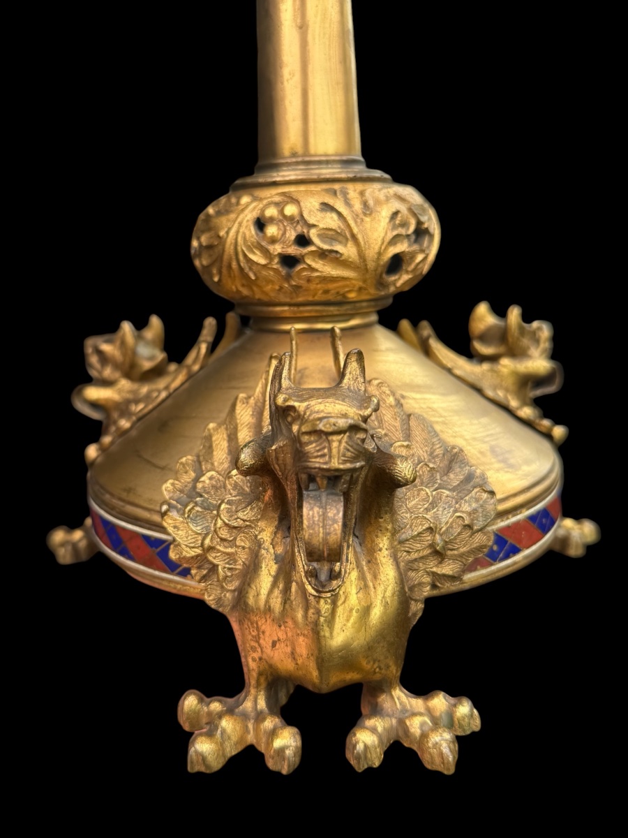 Bougeoir néogothique aux dragons en bronze doré et émail – XIXe siècle-photo-3
