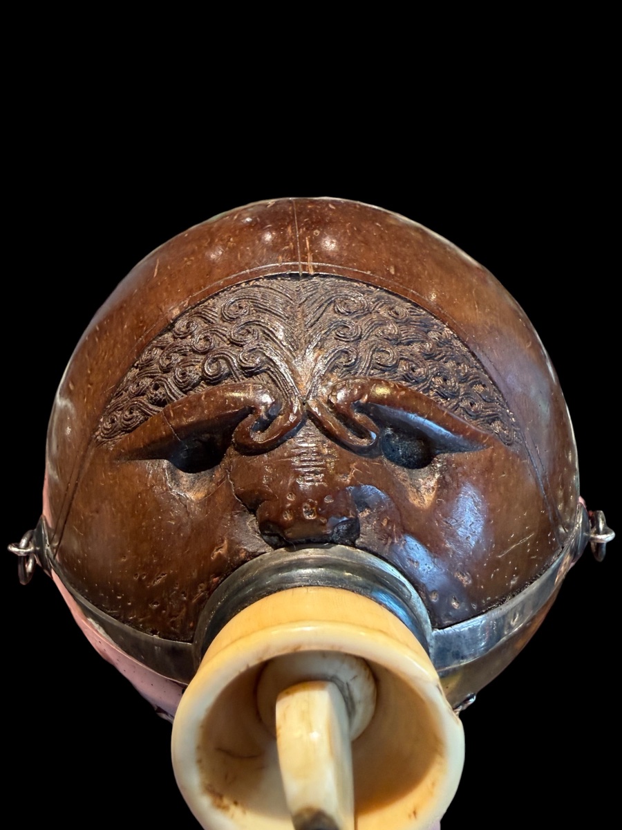 Coconut Powder Flask With Silver Coat Of Arms - Early 19th Century-photo-2