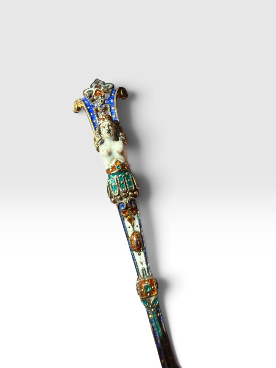 Enameled Silver Spoon With Rock Crystal - Austria - 19th Century-photo-2