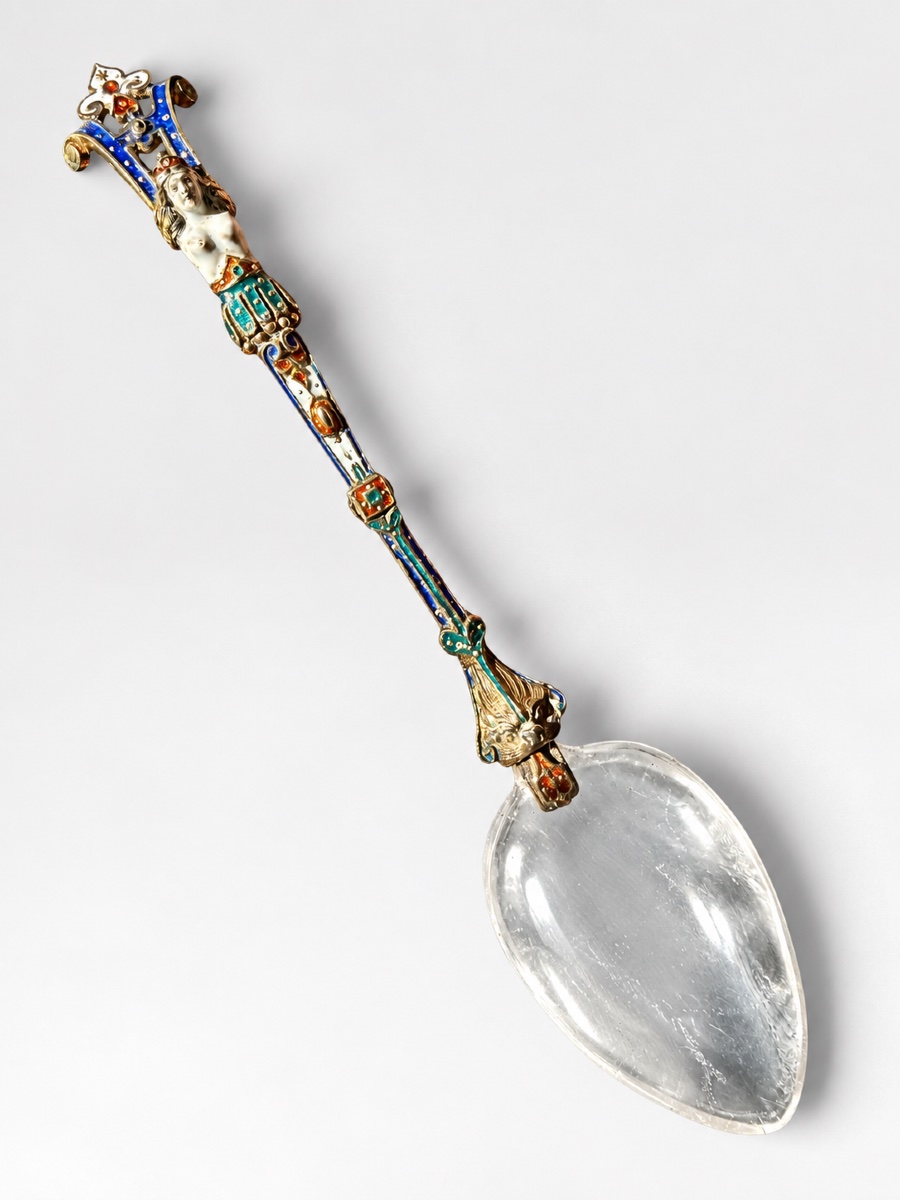 Enameled Silver Spoon With Rock Crystal - Austria - 19th Century