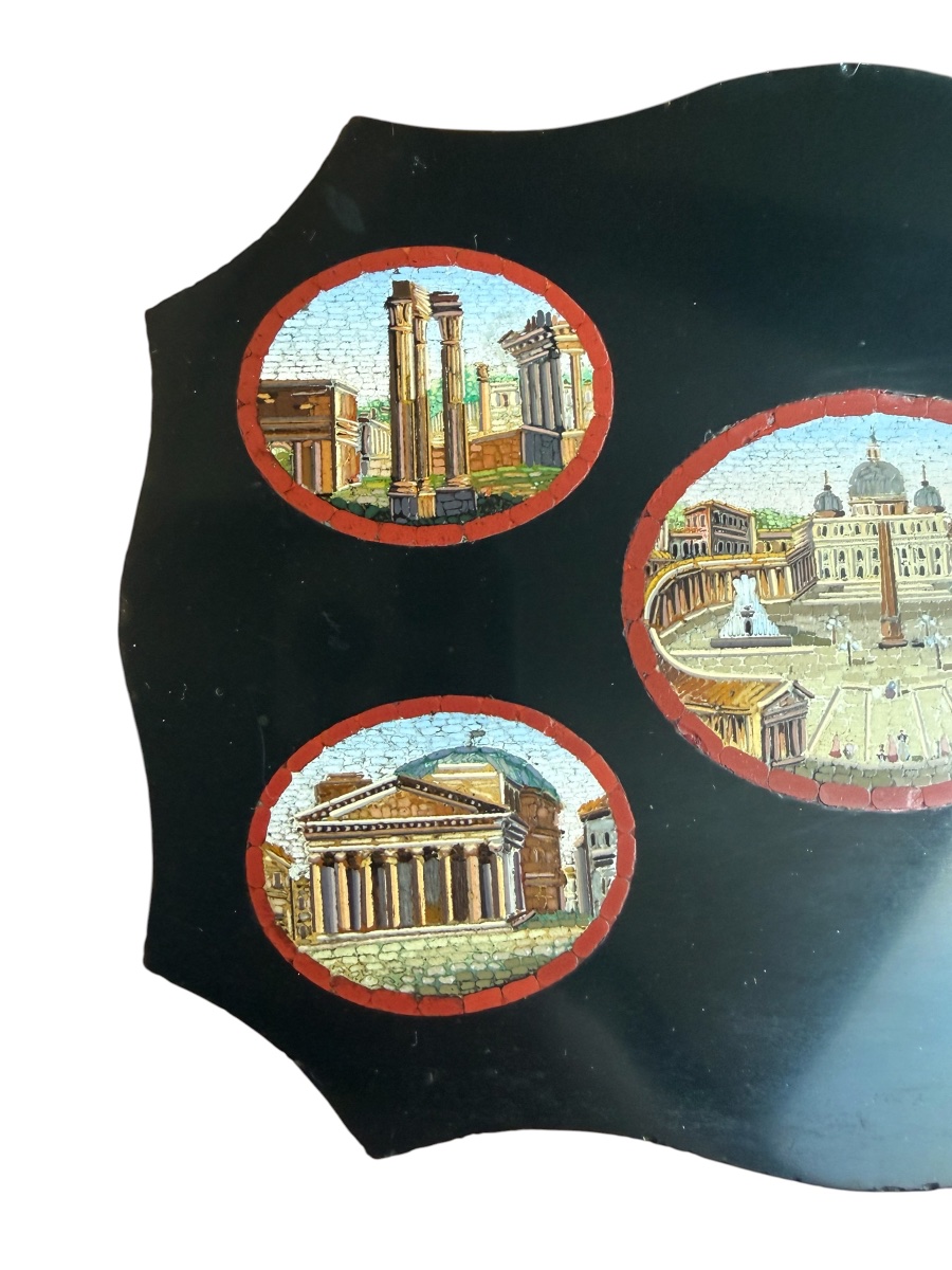 "grand Tour" Paperweight In Black Marble With Five Micromosaics - Italy - 19th Century-photo-3