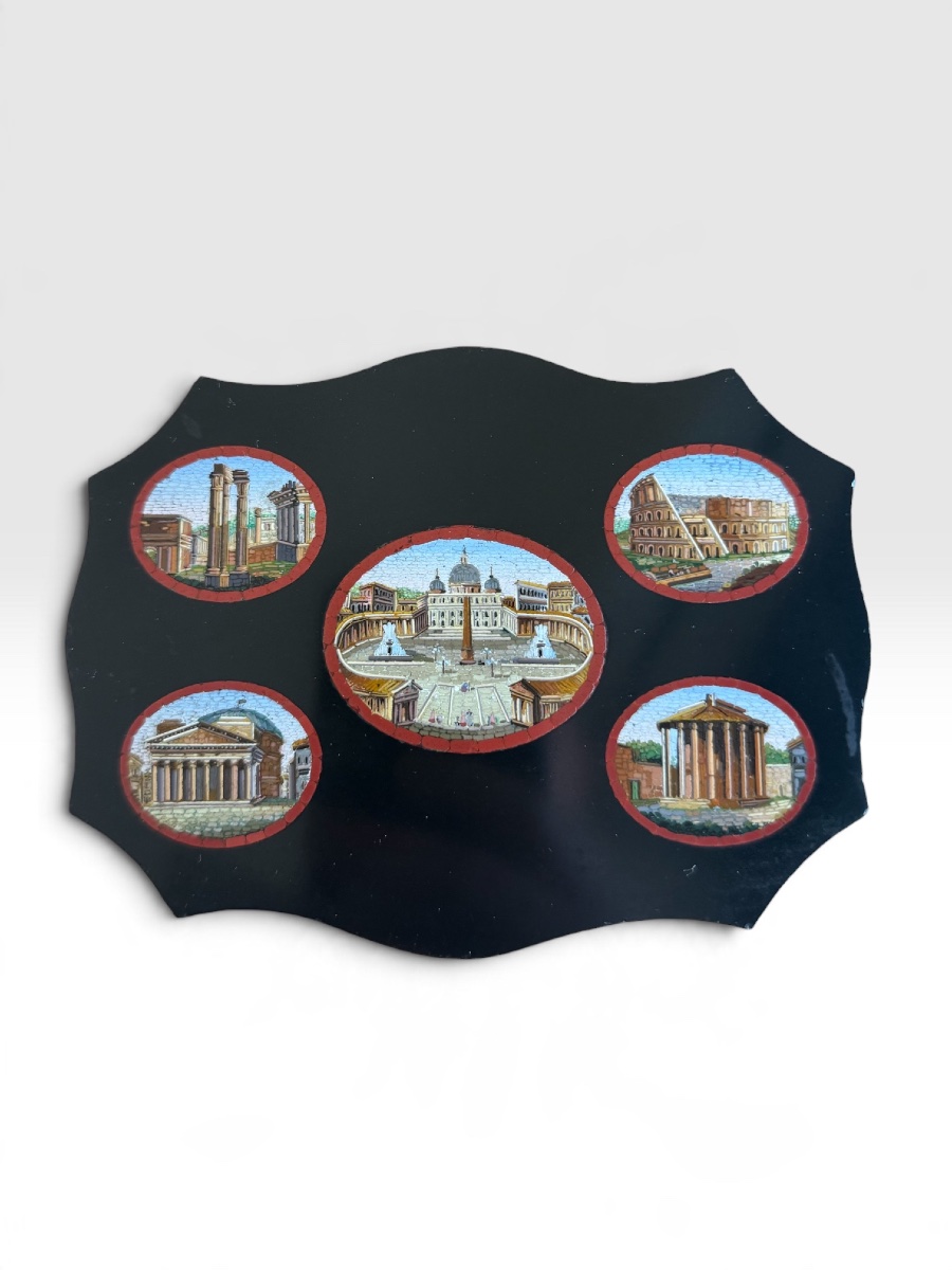 "grand Tour" Paperweight In Black Marble With Five Micromosaics - Italy - 19th Century