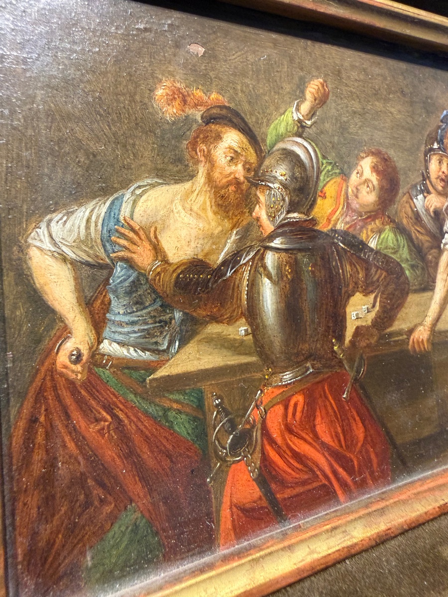 Huile sur panneau représentant une scène de soldats jouant aux dés – XVIIIe siècle-photo-3