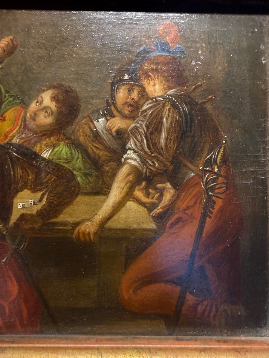 Huile sur panneau représentant une scène de soldats jouant aux dés – XVIIIe siècle-photo-1