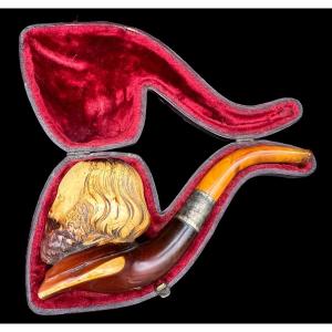 Magnificent Meerschaum Pipe With Silver And Amber, Sculpted Head - 19th Century