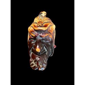 Magnifique Pipe En écume De Mer Avec Une Tête Sculpté Avec L’ambre Et Argent - Début 20e Siècle
