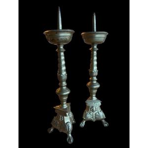 Pair Of Brass Candlesticks/candelabras - 17th Century - Flemish