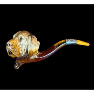 Beautiful And Large Meerschaum Pipe With A Carved Dog Head - European - Early 20th Century