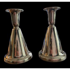 Pair Of Candlesticks In Sterling Silver By Thorvald Marthinsen - Tonsberg (norway) - 1900-1925