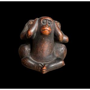 Très Bel Okimono En Buis Sculpté 'the Three Wise Monkeys' - Japon - Période Meji