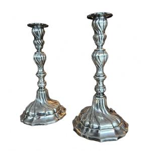 Pair Of Candlesticks In Sterling Silver Louis XV Style - French