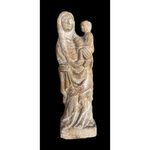 Limestone Sculpture Representing A Virgin And Child In A Romanesque Style - 19th Century